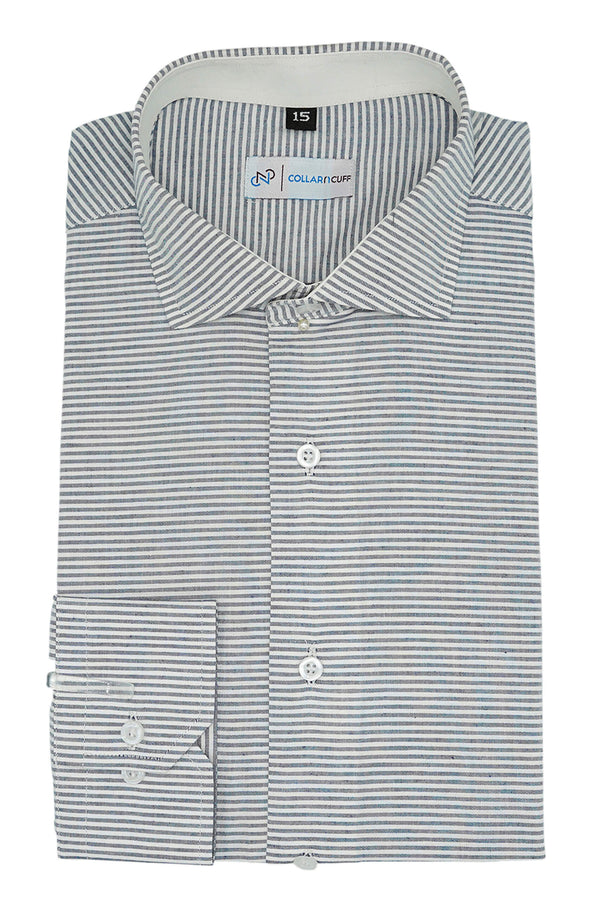 Marl Blue Horizontal Self Stripped Designer Cotton Linen Shirt