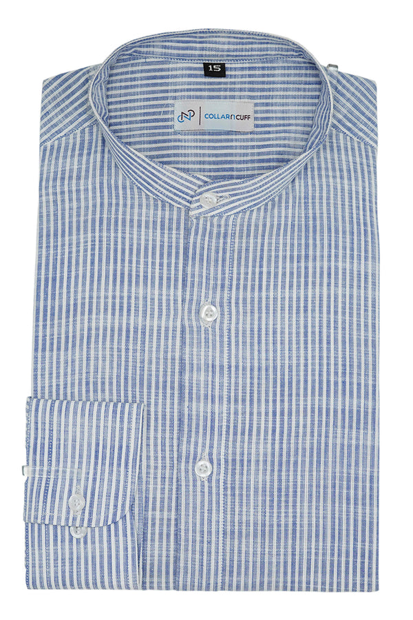 Blue Self Stripe Designer Round Collar Cotton Linen Shirt