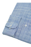 Blue Self Stripe Designer Round Collar Cotton Linen Shirt