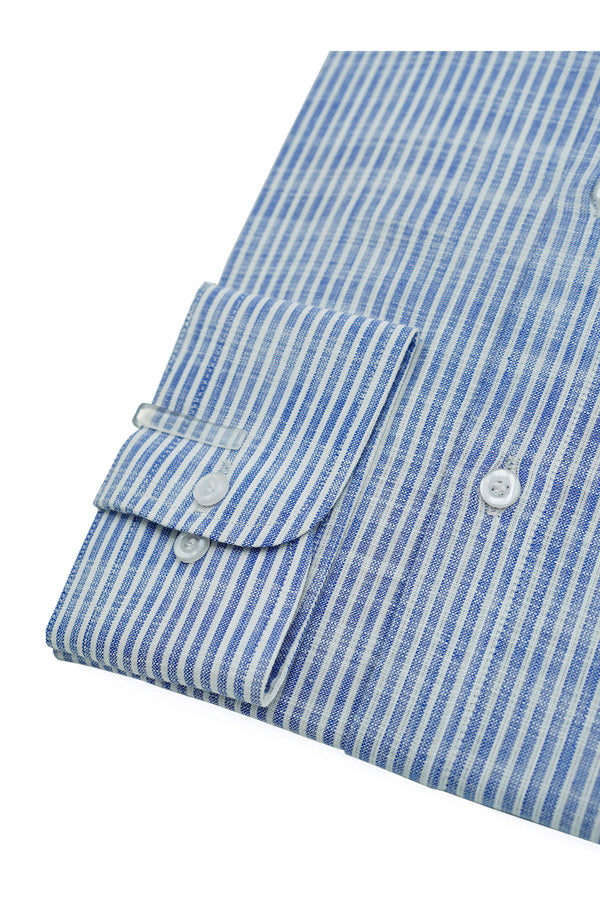 Blue Self Stripe Designer Round Collar Cotton Linen Shirt
