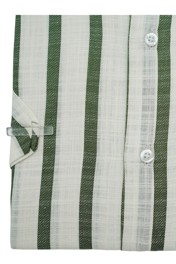 Green & White Broad Stripes Cotton Linen Shirt