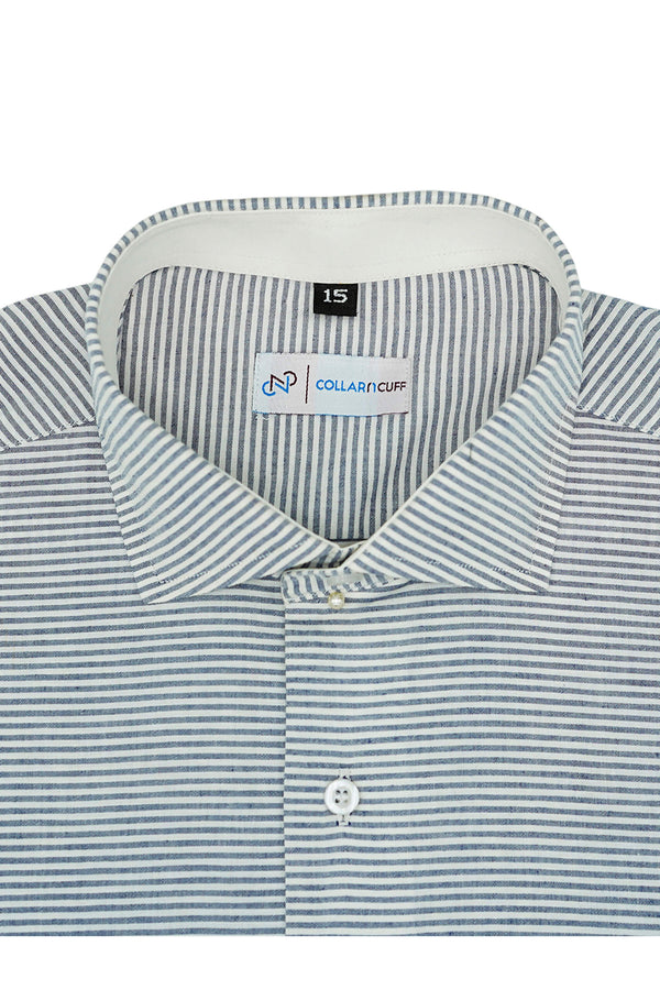 Marl Blue Horizontal Self Stripped Designer Cotton Linen Shirt