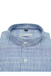 Blue Self Stripe Designer Round Collar Cotton Linen Shirt