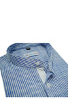 Blue Self Stripe Designer Round Collar Cotton Linen Shirt