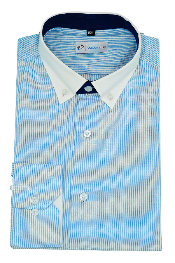 Blue Self Dotted Stripes Designer Cotton Shirt