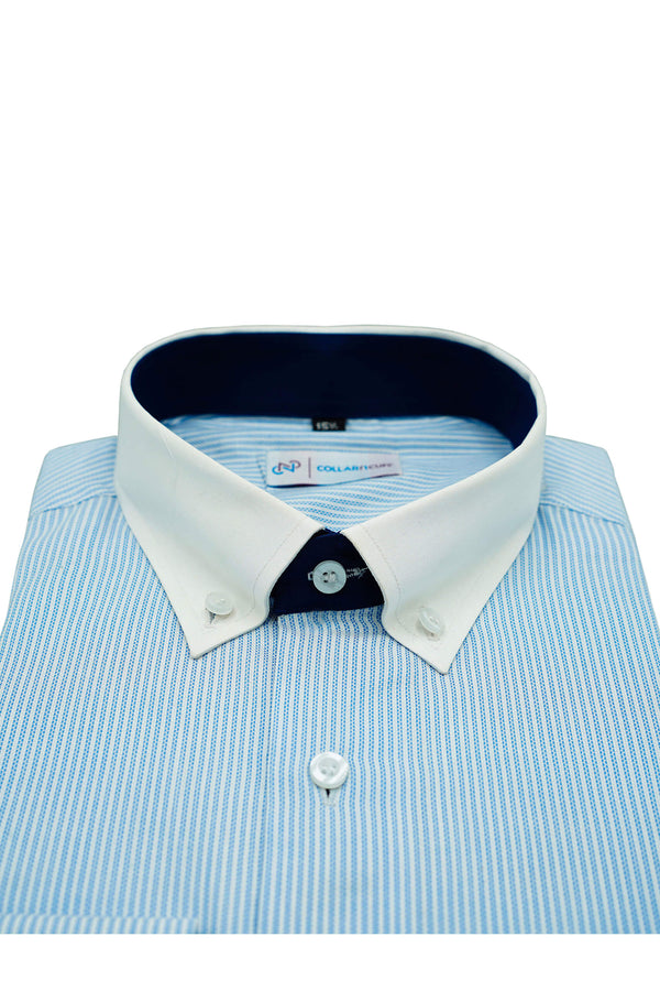 Blue Self Dotted Stripes Designer Cotton Shirt