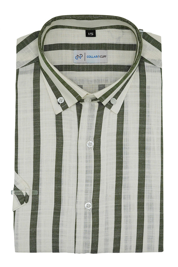 Green & White Broad Stripes Cotton Linen Shirt