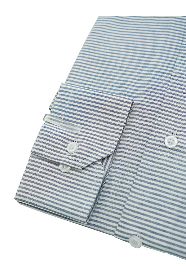 Marl Blue Horizontal Self Stripped Designer Cotton Linen Shirt