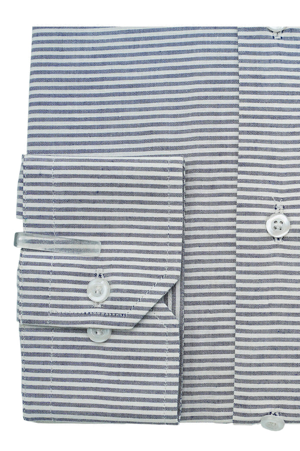 Marl Blue Horizontal Self Stripped Designer Cotton Linen Shirt