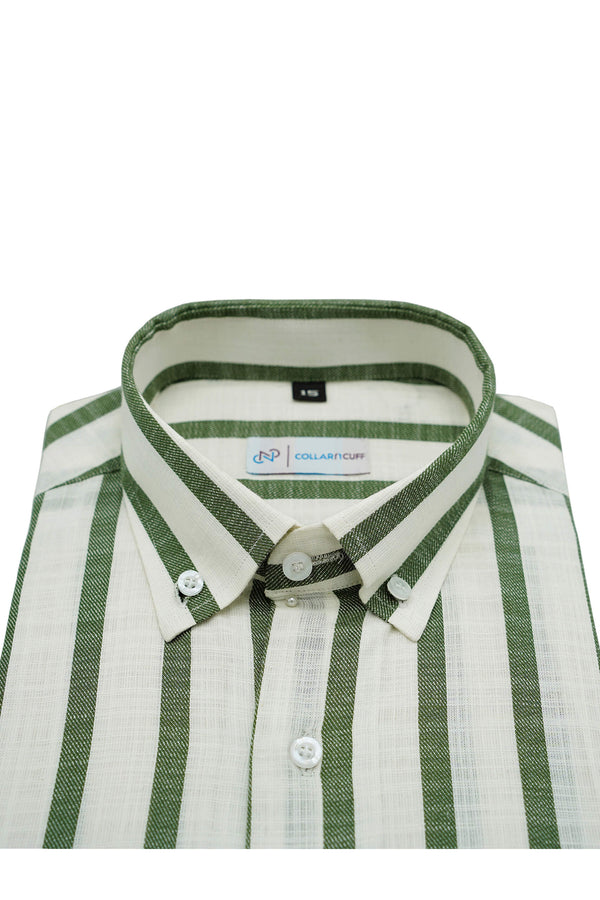 Green & White Broad Stripes Cotton Linen Shirt