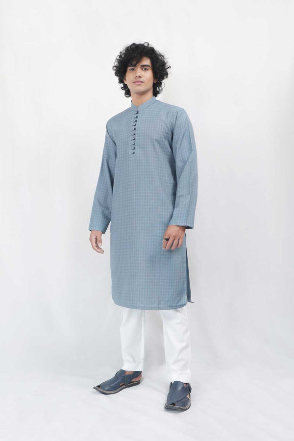 Textured Blue Wash And Wear Designer Kurta With White Pajama