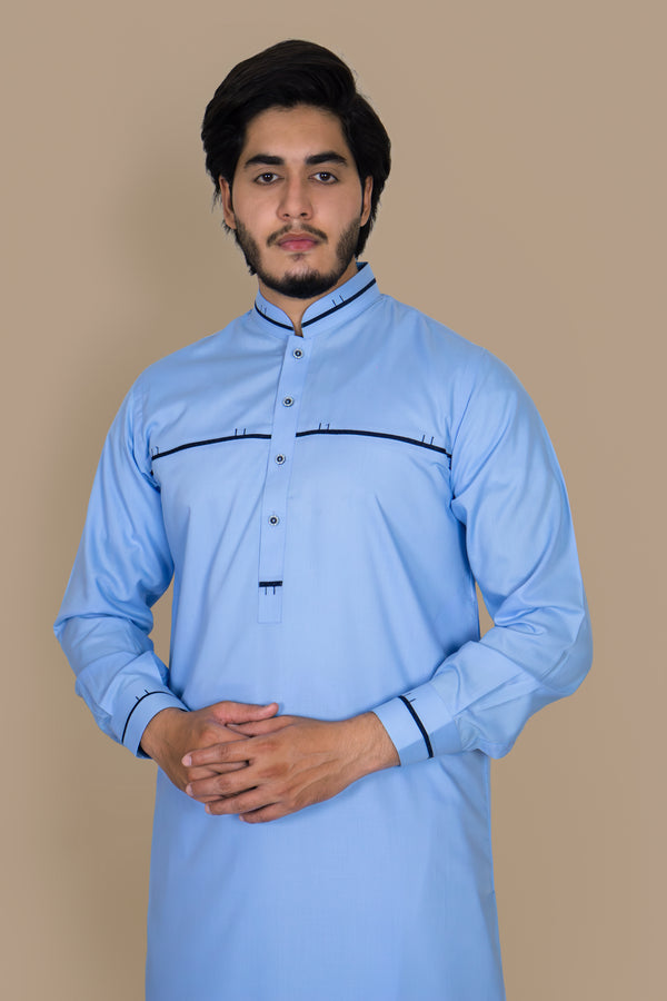 Sky Blue Light Wash And Wear Designer Shalwar Kameez